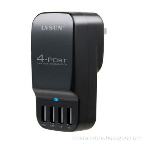 Portable travel AC adapter with 4 independent USB port charging 2 iPad and 2 iPhone simultaneously